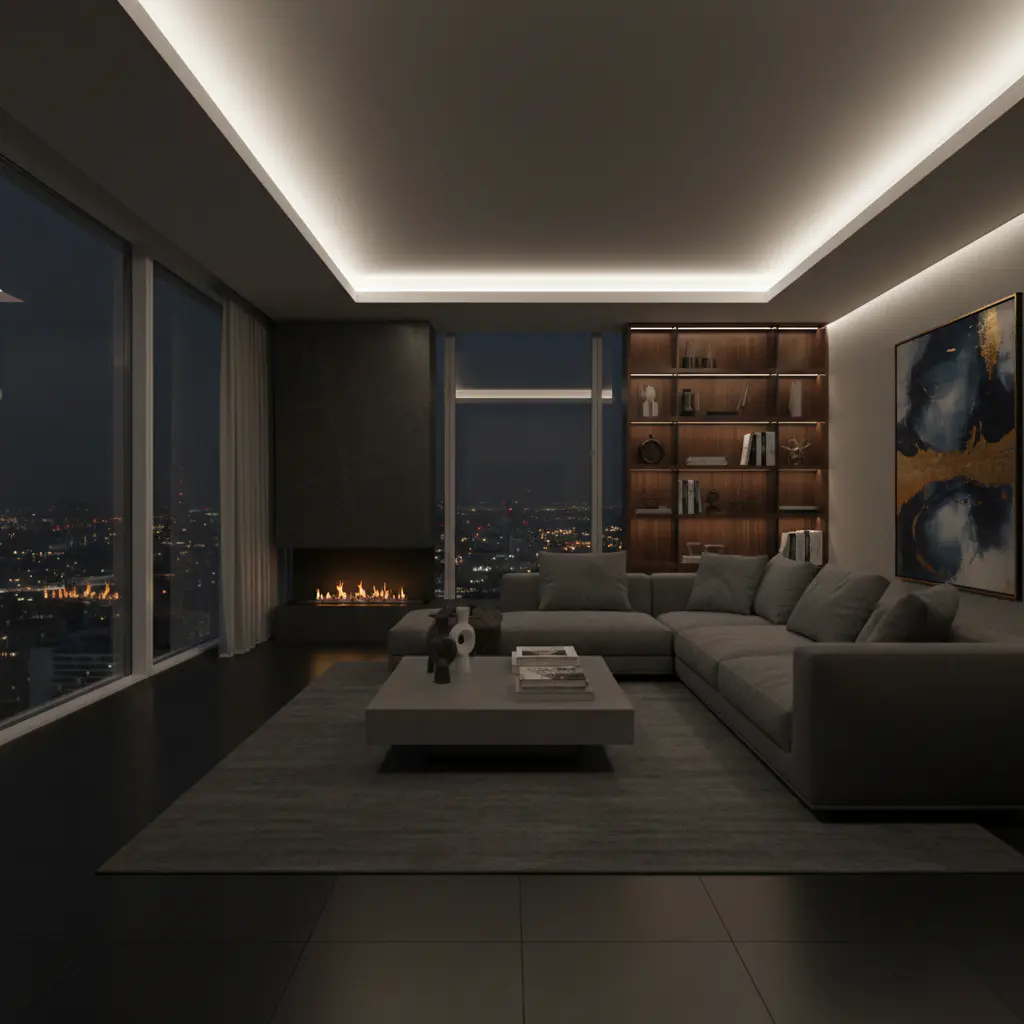 Modern apartment interior at night
