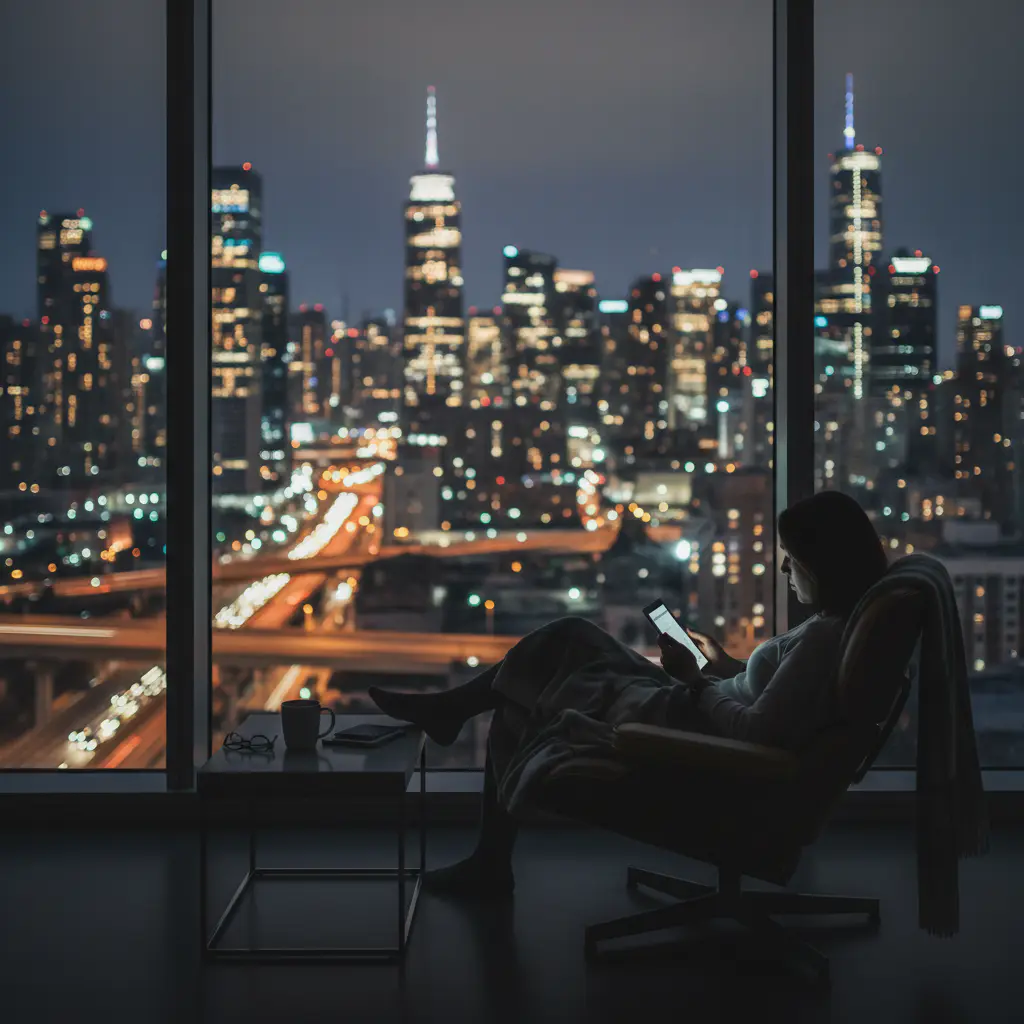 Person reading tablet by skyline window