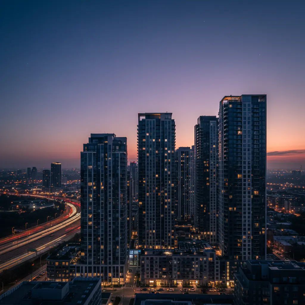 Modern residential towers against a twilight sky